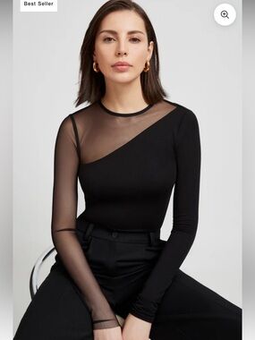 Sheer Asymmetric Long-Sleeve Top - Black